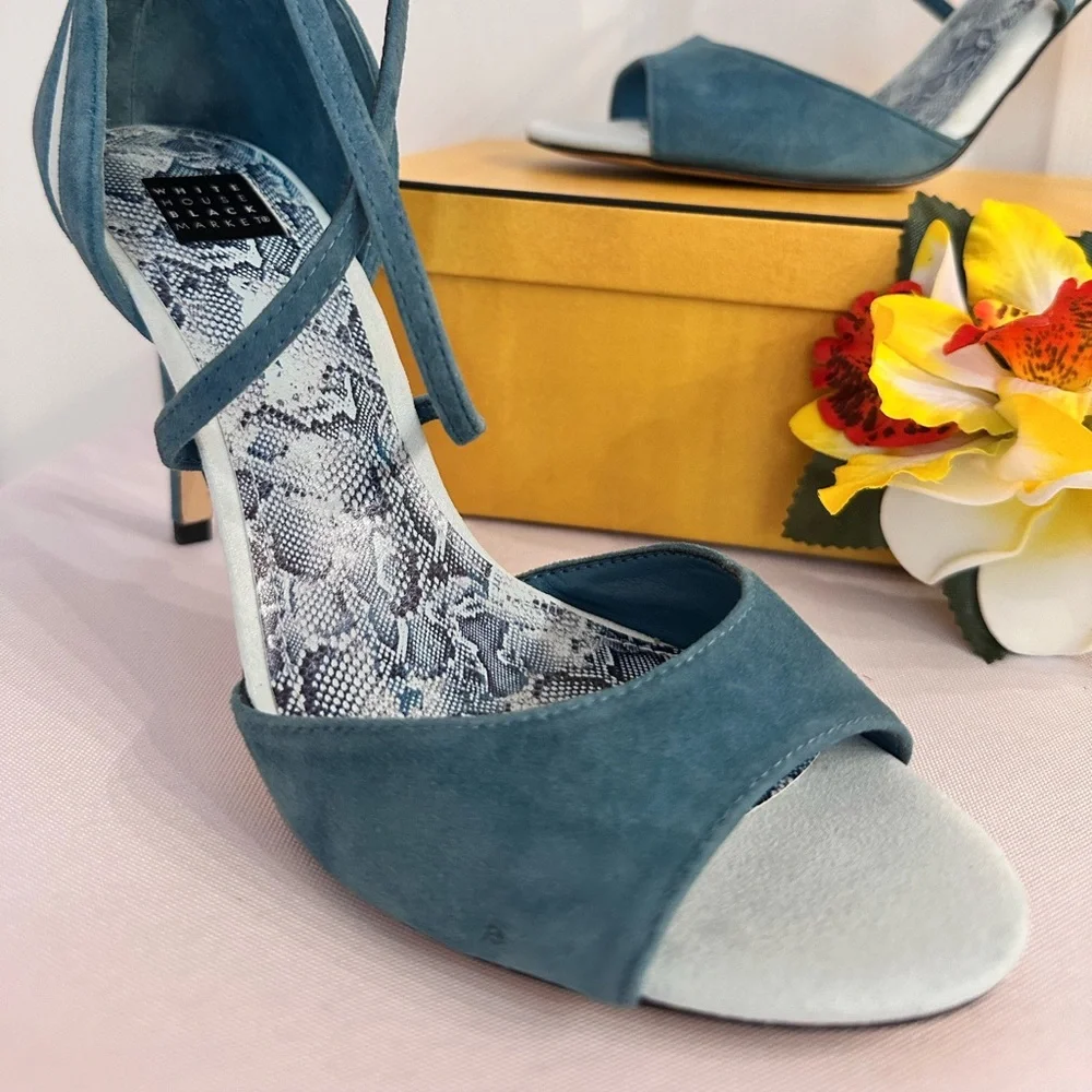 WHBM ~ Teal Cruelty Free Suede 4” Heels w/Crisscross Straps and Snakeskin Design